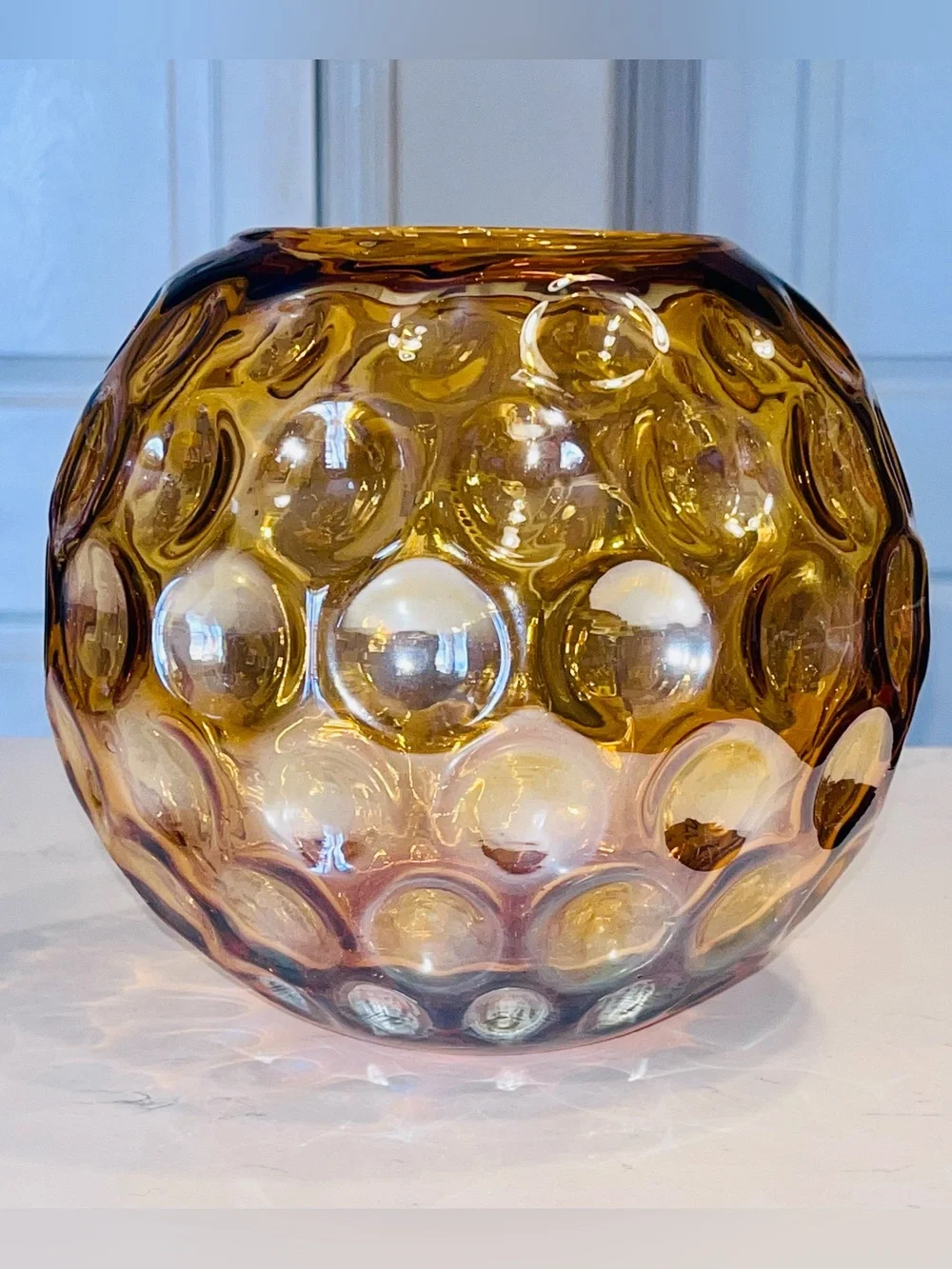 Amber colored hand blown thick ball vase glass orb 7”x7”